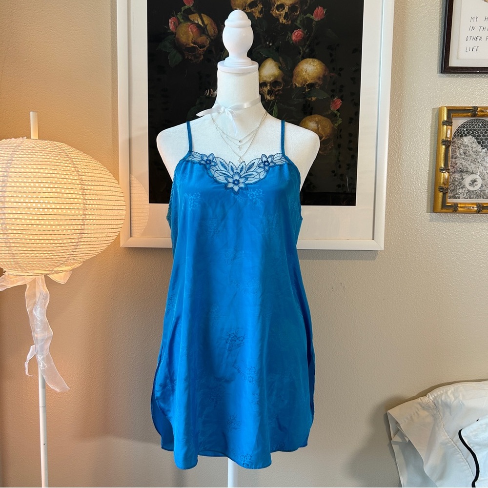 Vintage 90s Sears blue floral satin mini nightgown slip dress M